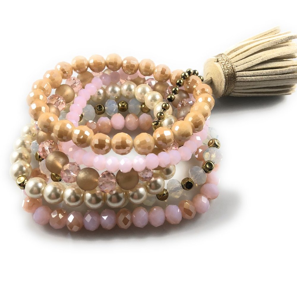 Boho Stack Stretch Bracelet Set of 6 with Tassel - Picture 5 of 5